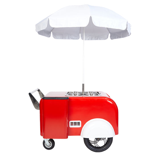 Tamal Food Cart for sidewalk vending right profile view with trash can and umbrella
